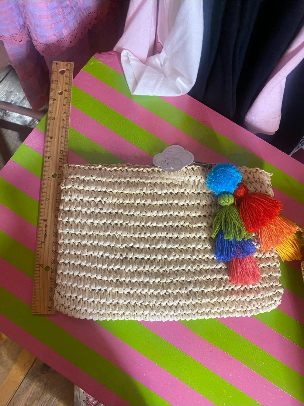 Women’s Straw Clutch with Rainbow Tassels - Pink/Blue/Green/Orange